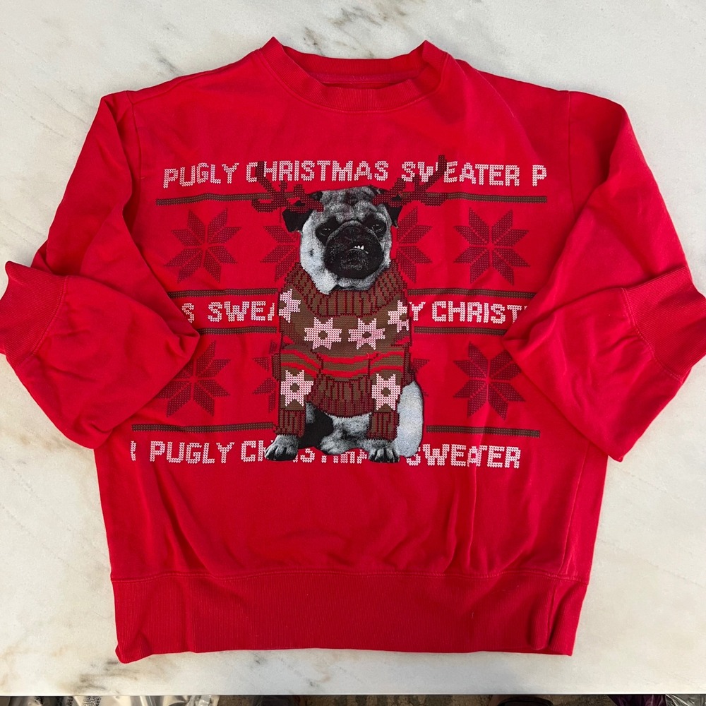 Womens Red Pugly Christmas Sweater Pug Dog Holiday Crewneck Sweatshirt Top